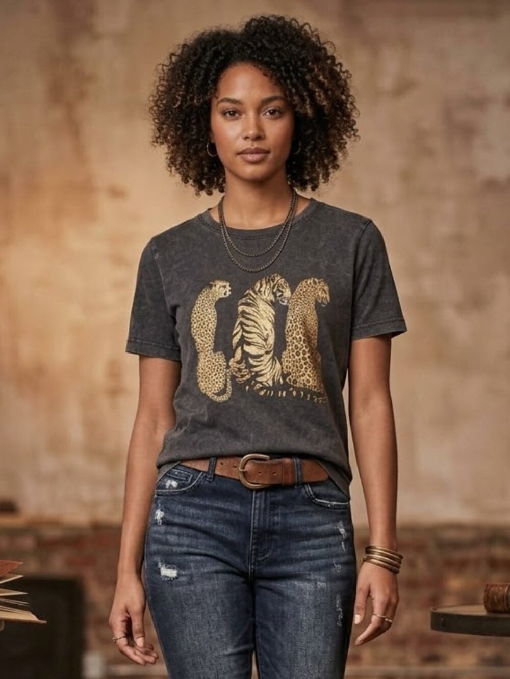 Zutter Women Large Charcoal Tiger Leopard Graphic Distressed Cotton T-Shirt